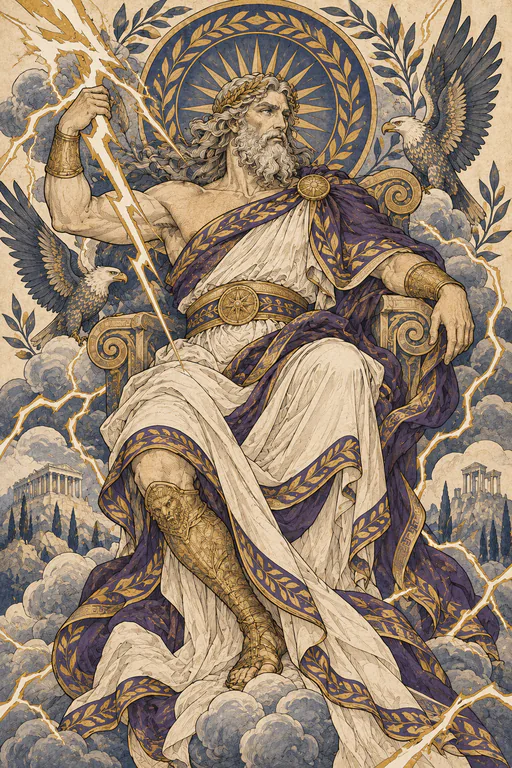 Zeus of Olympus, crowned in laurel, a thunderbolt in his fist.