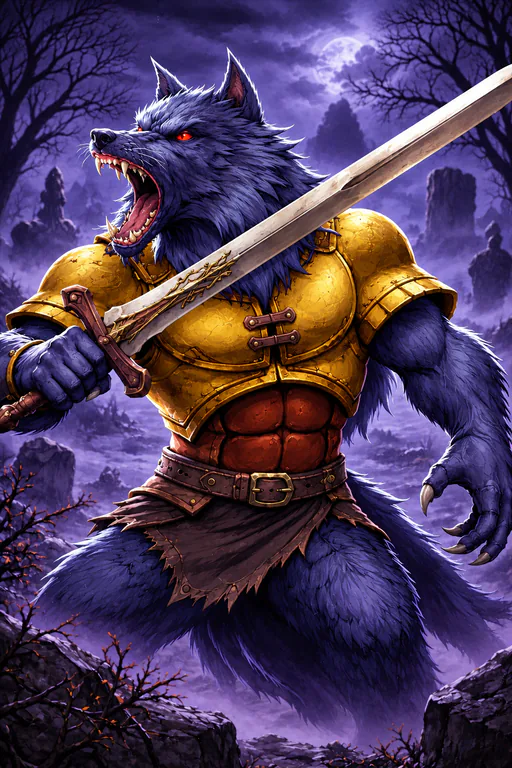 Lycan, a werewolf of the Graveyard, sword raised.