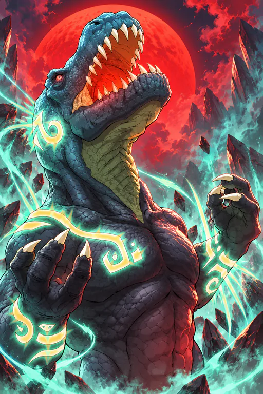 Tyrus, the great lizard of the Jungle, jaws open, glowing runes along his arms.