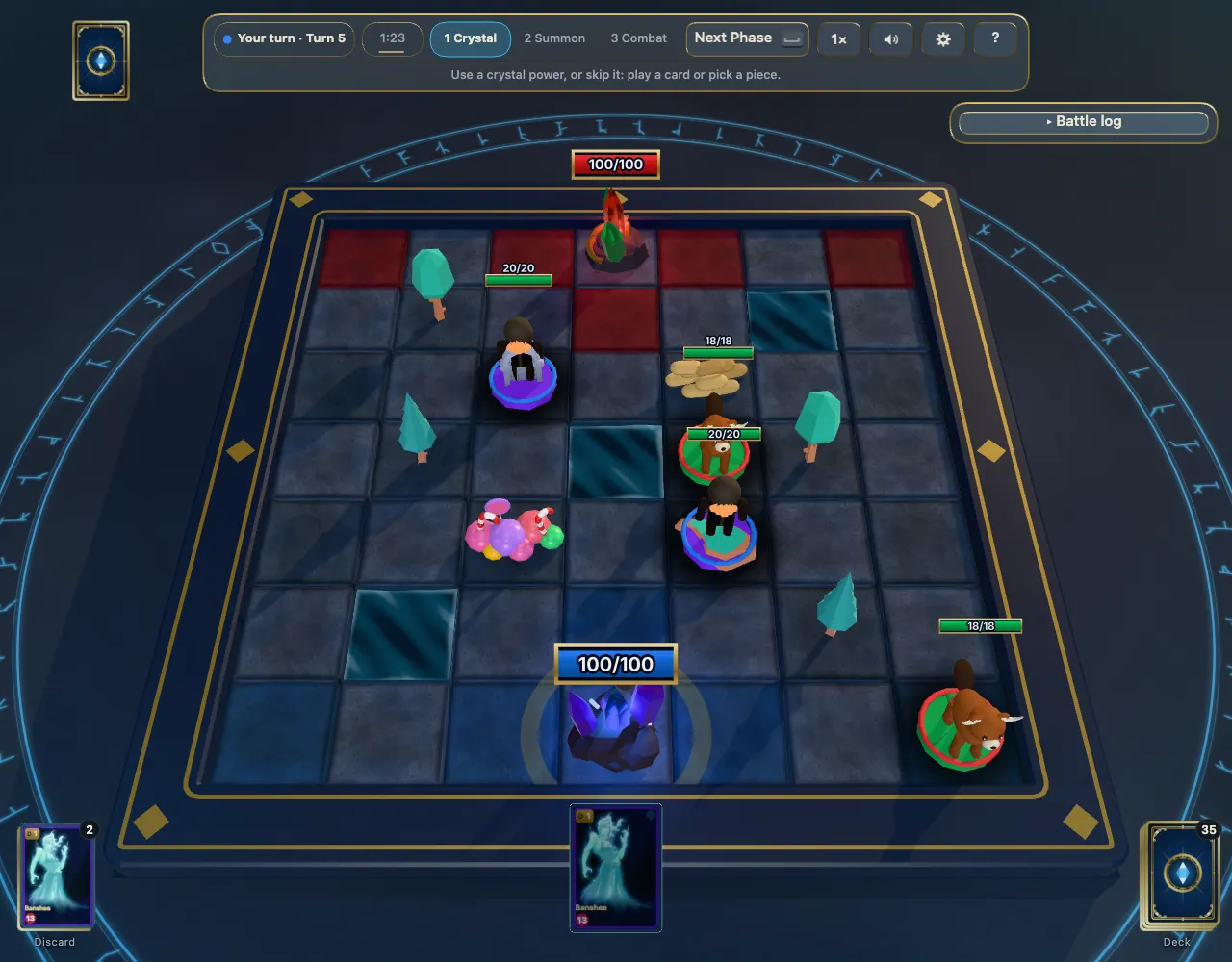 A battle under way: Graveyard and Jungle armies face each other across the 7×7 board.